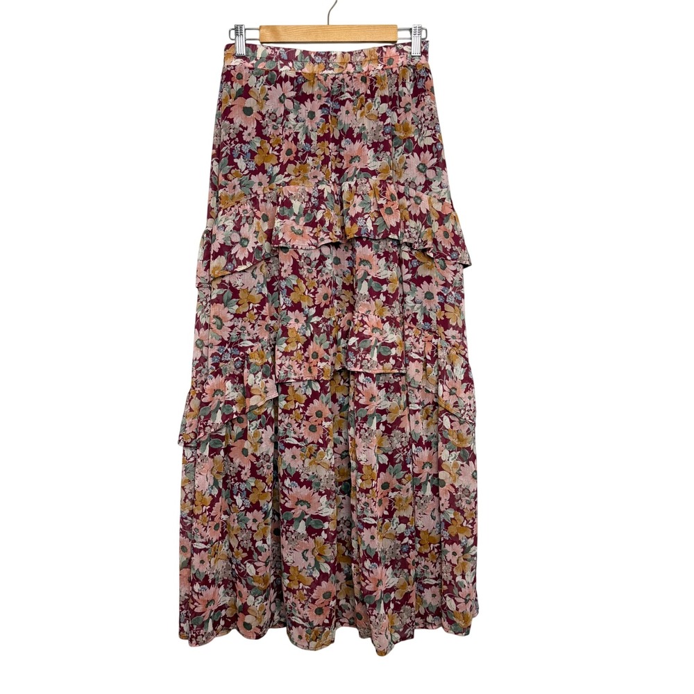 Promesa Burgundy Floral Tiered Maxi Skirt Womens Small Boho Ruffle A-line flowy